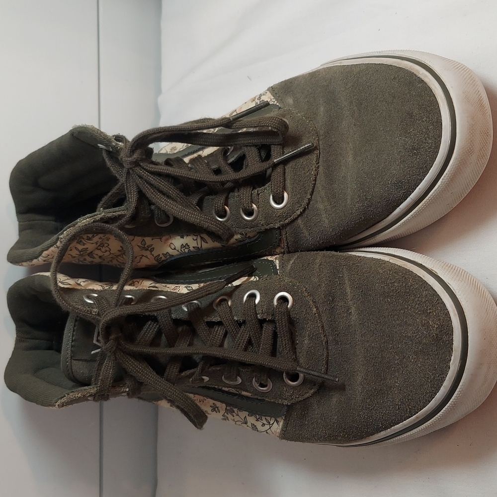 Vans green suede and floral high tops.  Sz 8.5